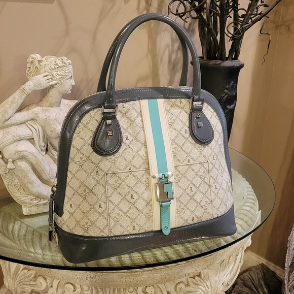 L.A.M.B. by Gwen Stefani Kingston Shadow Bowler Bag Leather Blue Stripe #427 - Picture 3 of 17